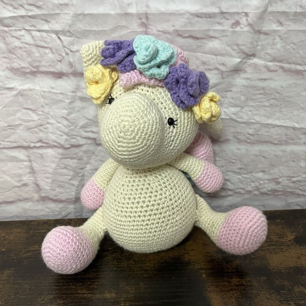 Handmade Crochet Dragon Stuffed Animal Girl Pastel Colors Wings Flower Headband